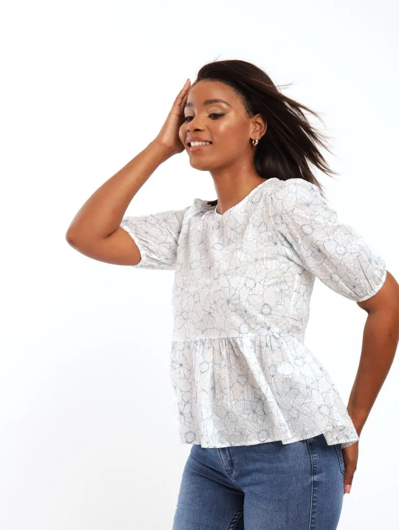 Ladies Short Sleeve Seersucker Floral Peplum Blouse - White/Blue