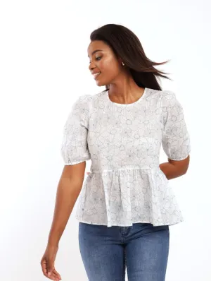 Ladies Short Sleeve Seersucker Floral Peplum Blouse - White/Blue