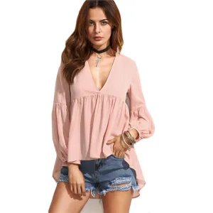 Ladies Tops Fashion Plain Pink V Neck High Low Blouses Womens Style Long Sleeve Pleated Casual Blouse