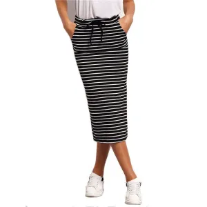 Ladies Vintage High Famous Brand European Style Skirts Black White Drawstring Waist Striped Pockets Skirt