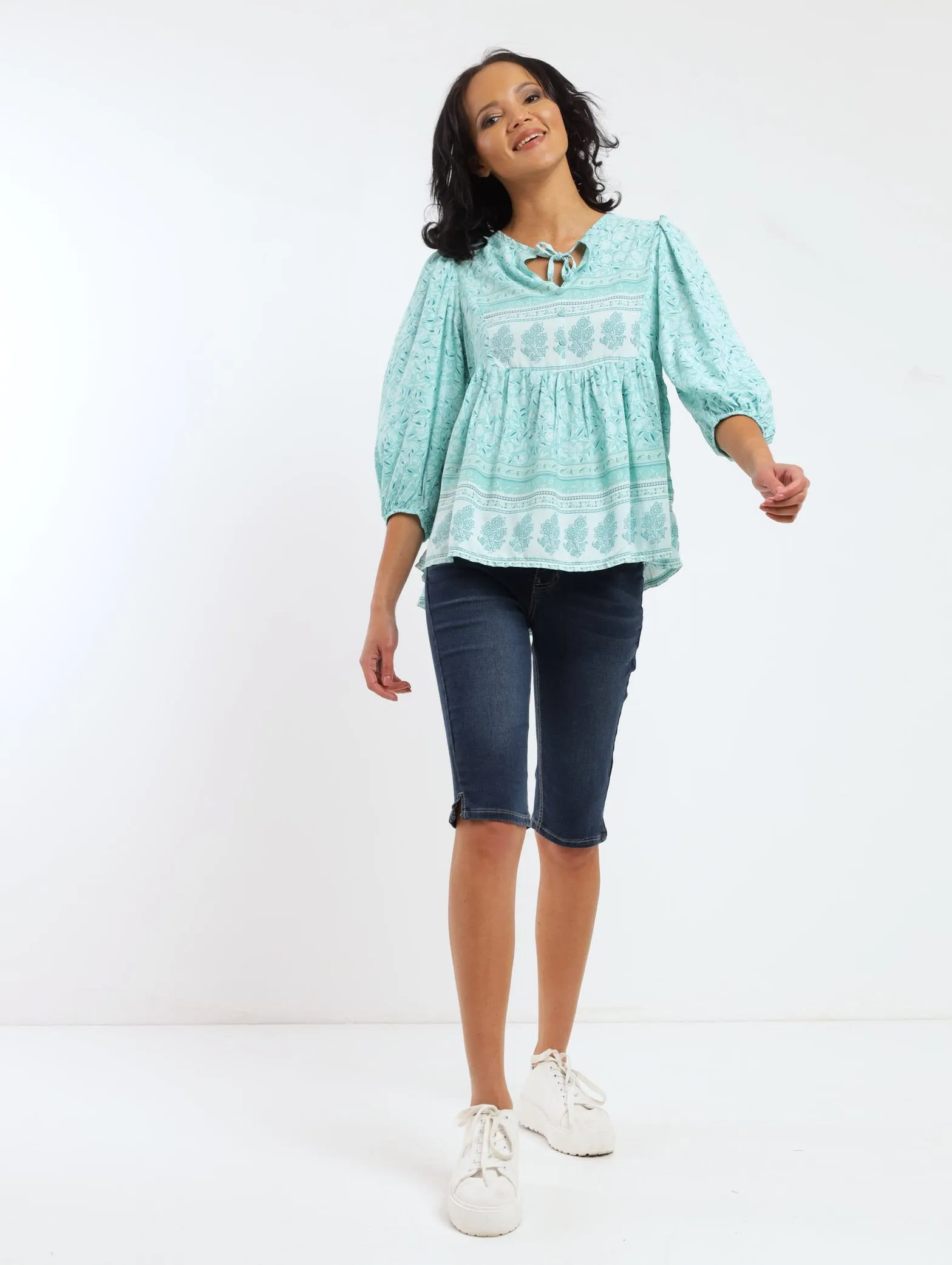 Ladies Volume Sleeve Border Printed Peplum Top