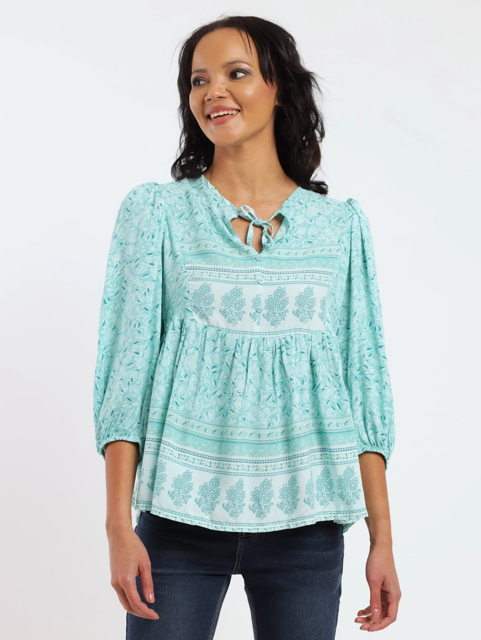 Ladies Volume Sleeve Border Printed Peplum Top