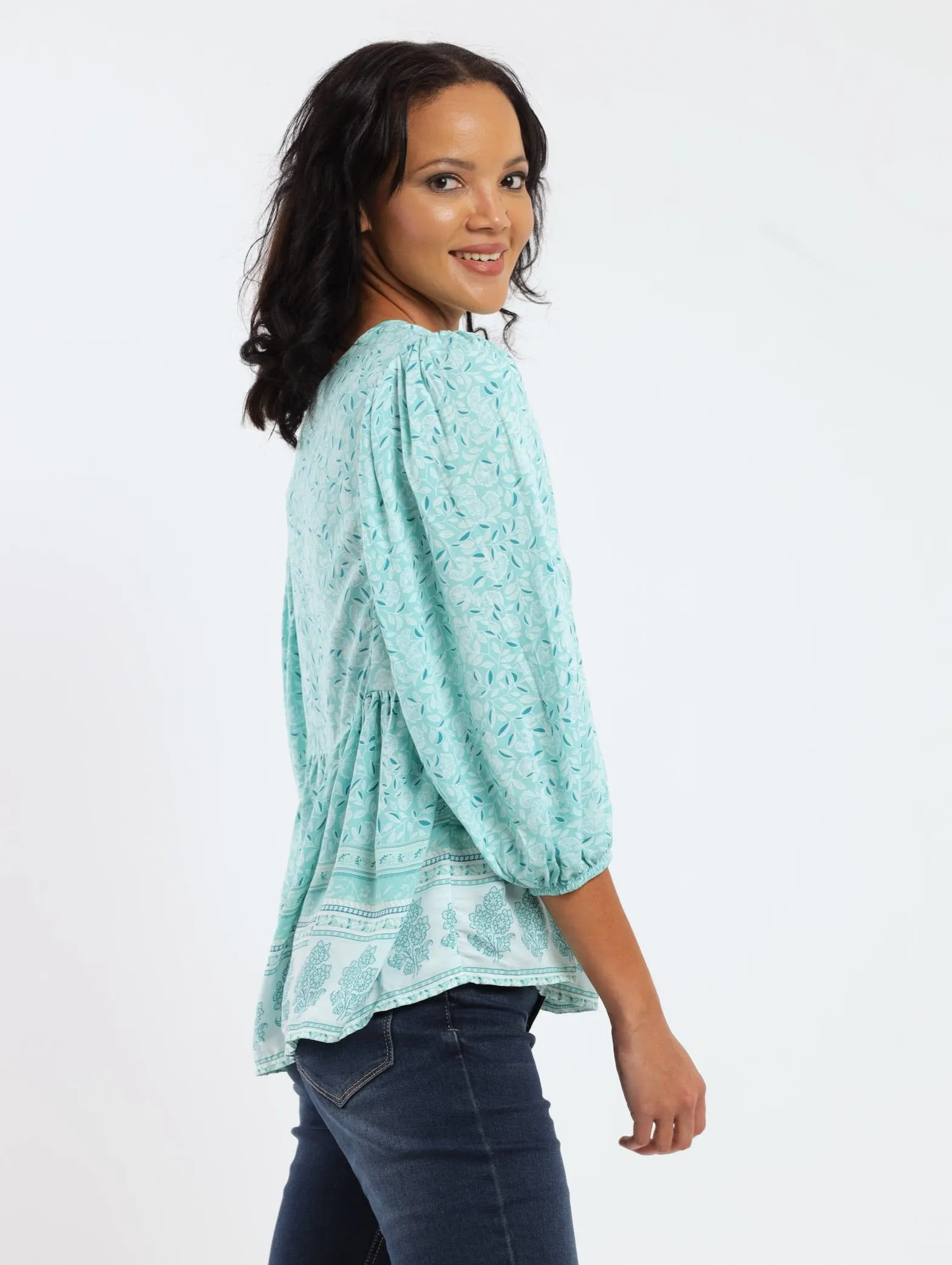 Ladies Volume Sleeve Border Printed Peplum Top