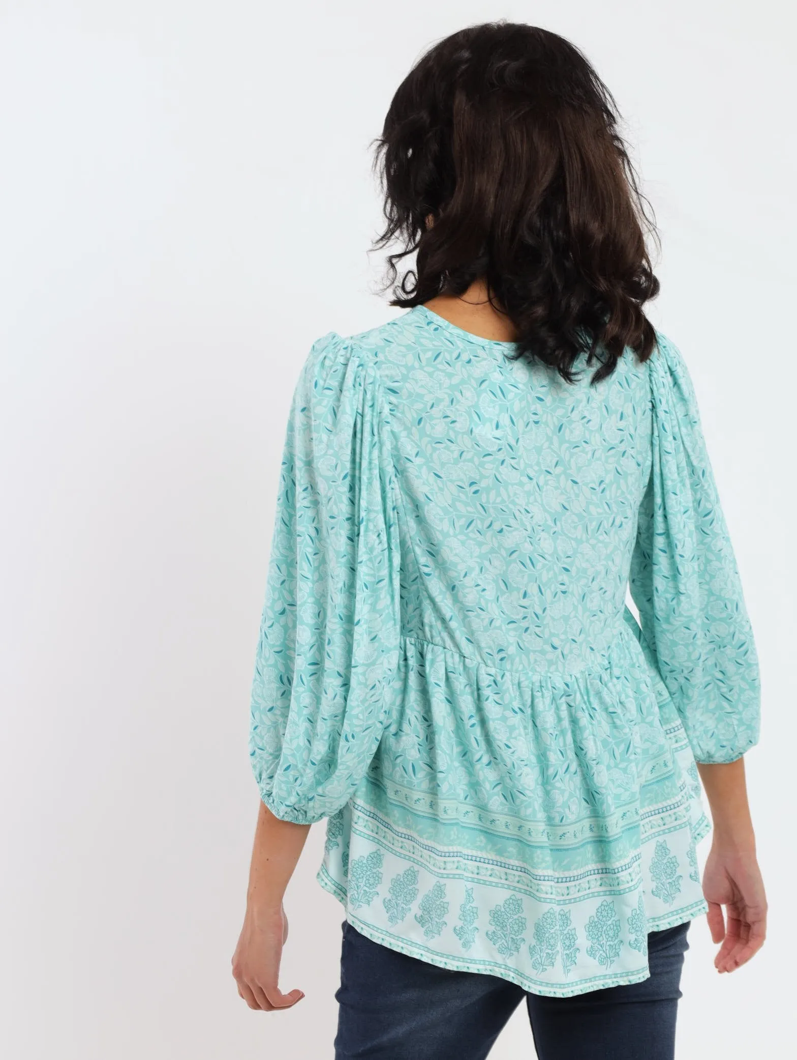 Ladies Volume Sleeve Border Printed Peplum Top
