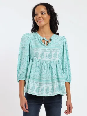 Ladies Volume Sleeve Border Printed Peplum Top