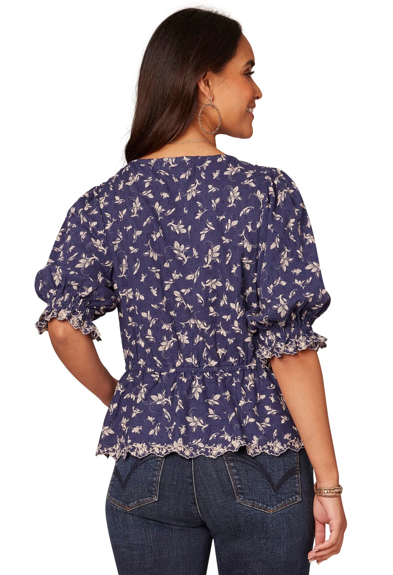 Lantern Sleeve V-Neck Printed Top