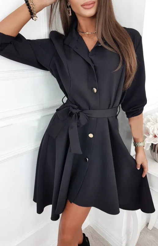 Lapel Collar A-Line Dress with Belted Waist and Button-Down Front