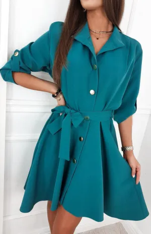 Lapel Collar A-Line Dress with Belted Waist and Button-Down Front