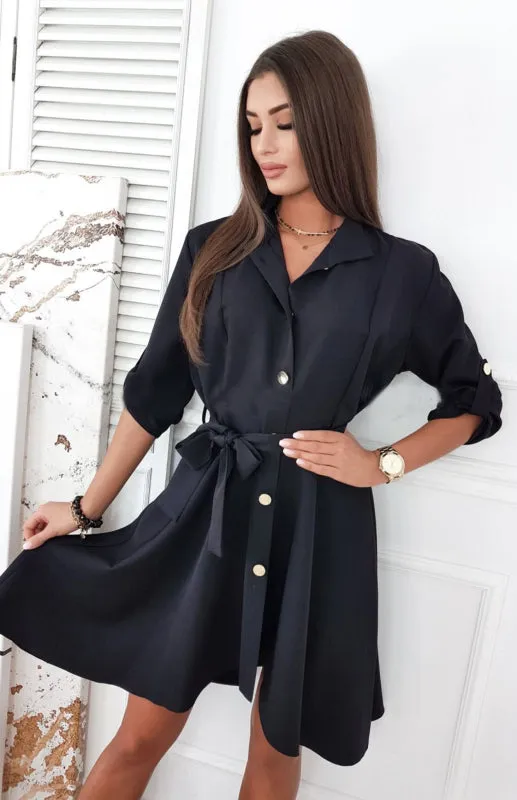 Lapel Collar A-Line Dress with Belted Waist and Button-Down Front