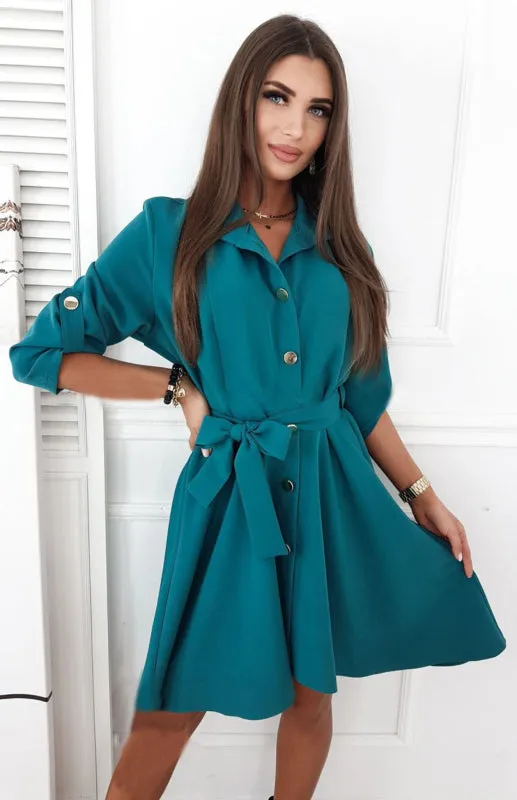 Lapel Collar A-Line Dress with Belted Waist and Button-Down Front