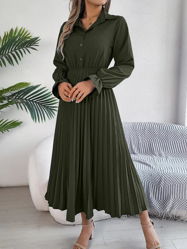 Lapel Collar Maxi Dress with Pleated Skirt and Button-Down Front