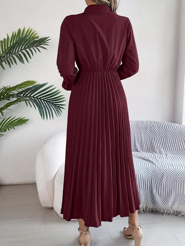 Lapel Collar Maxi Dress with Pleated Skirt and Button-Down Front