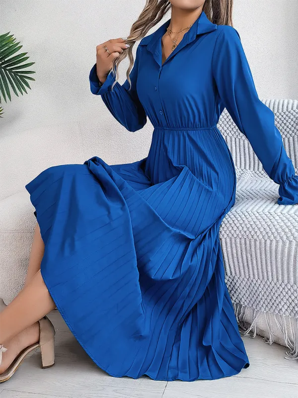 Lapel Collar Maxi Dress with Pleated Skirt and Button-Down Front