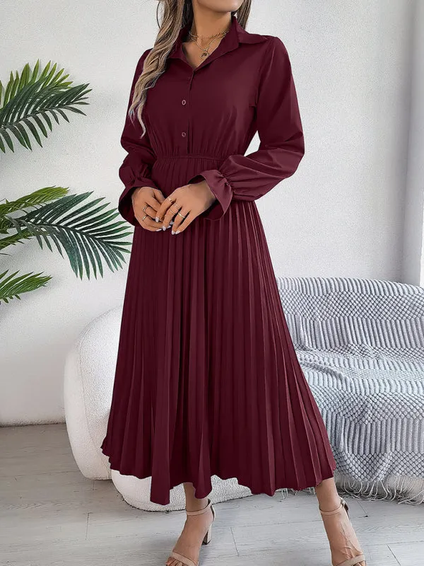 Lapel Collar Maxi Dress with Pleated Skirt and Button-Down Front