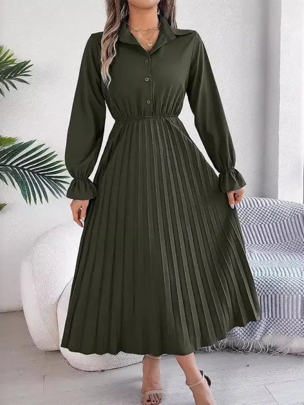 Lapel Collar Maxi Dress with Pleated Skirt and Button-Down Front