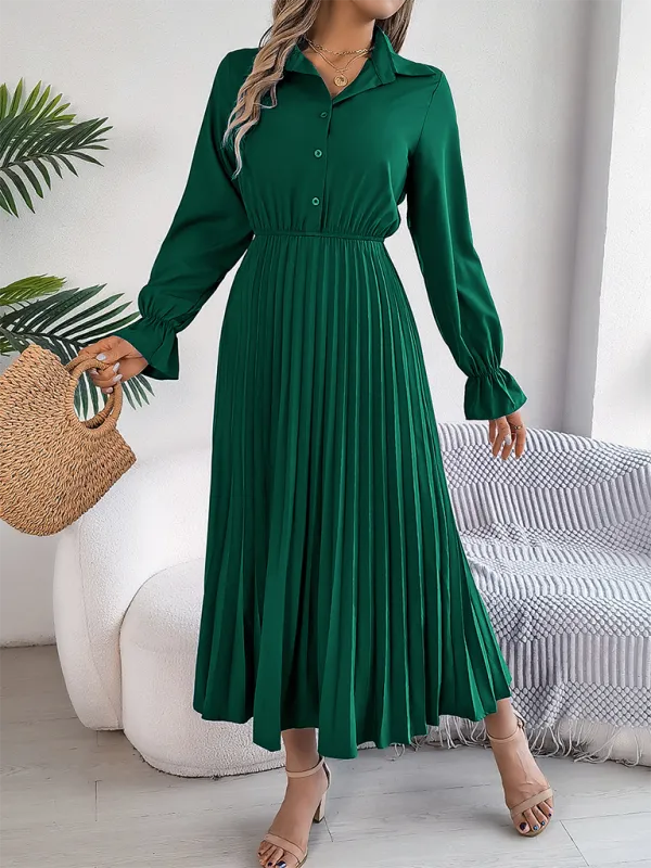 Lapel Collar Maxi Dress with Pleated Skirt and Button-Down Front