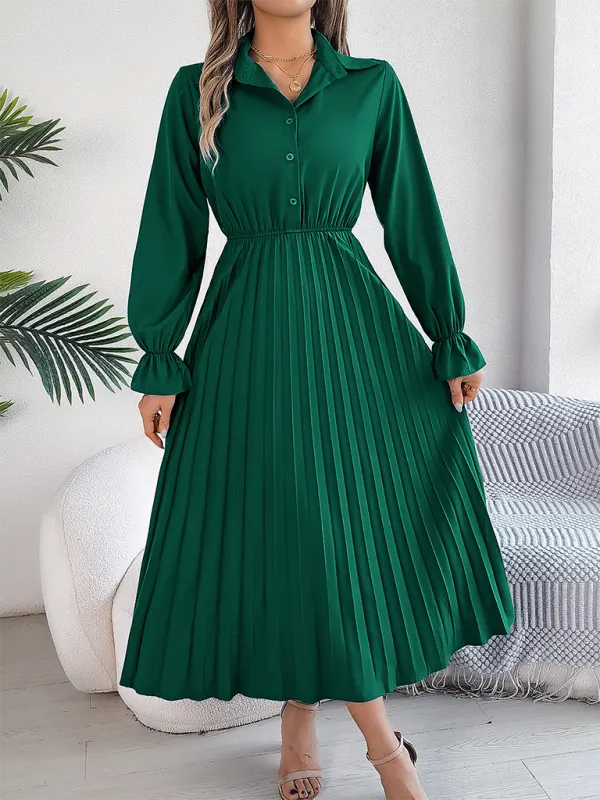 Lapel Collar Maxi Dress with Pleated Skirt and Button-Down Front