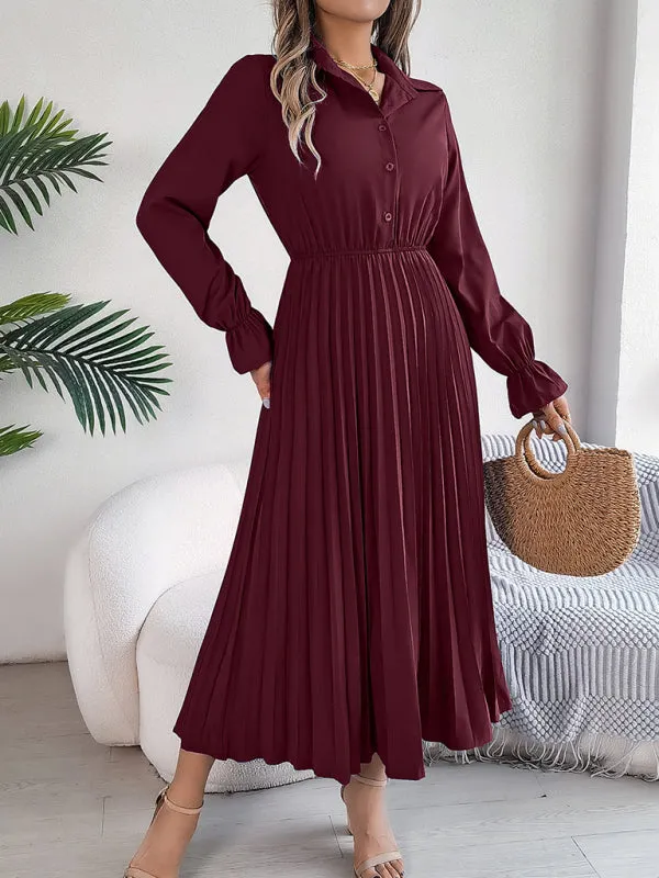 Lapel Collar Maxi Dress with Pleated Skirt and Button-Down Front