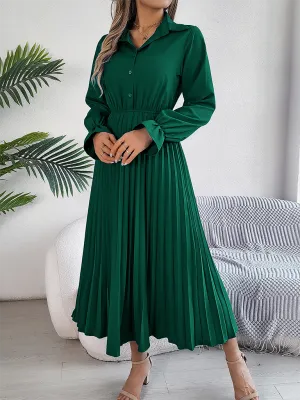 Lapel Collar Maxi Dress with Pleated Skirt and Button-Down Front