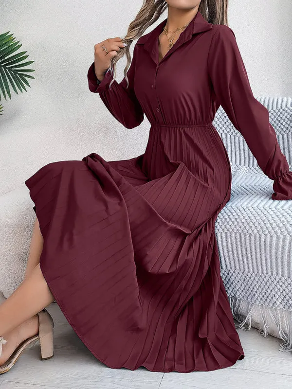 Lapel Collar Maxi Dress with Pleated Skirt and Button-Down Front