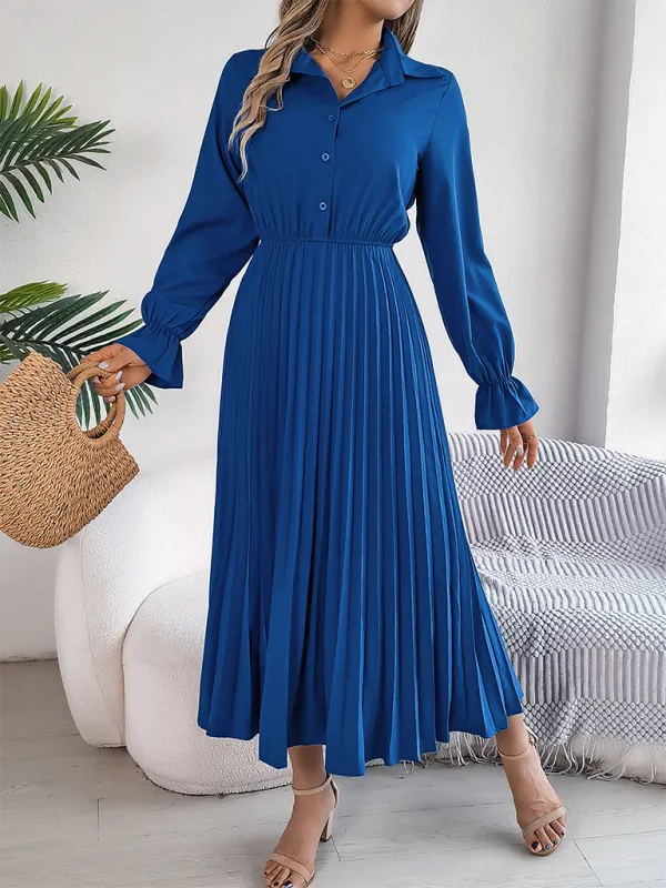 Lapel Collar Maxi Dress with Pleated Skirt and Button-Down Front