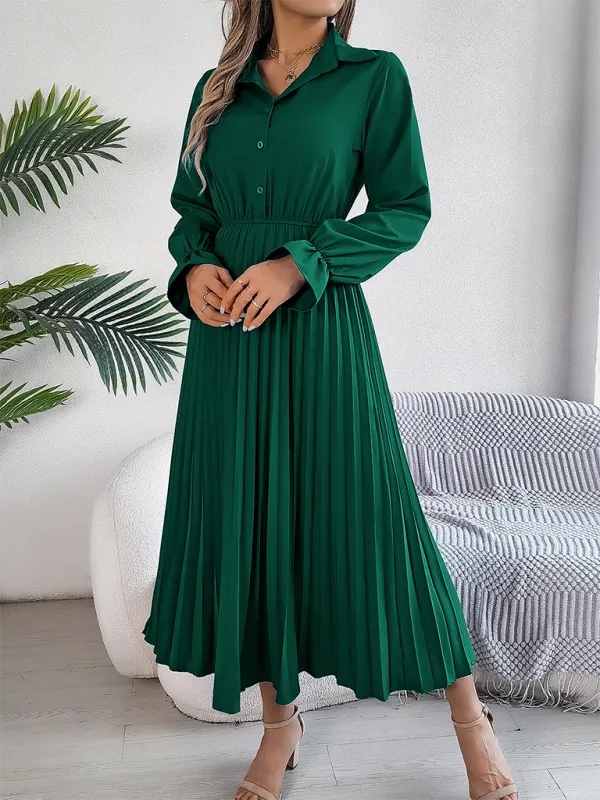 Lapel Collar Maxi Dress with Pleated Skirt and Button-Down Front