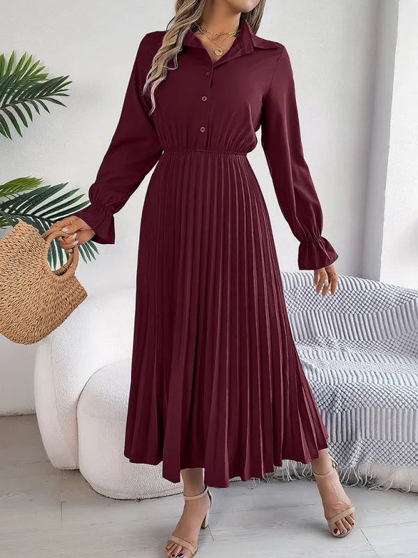 Lapel Collar Maxi Dress with Pleated Skirt and Button-Down Front