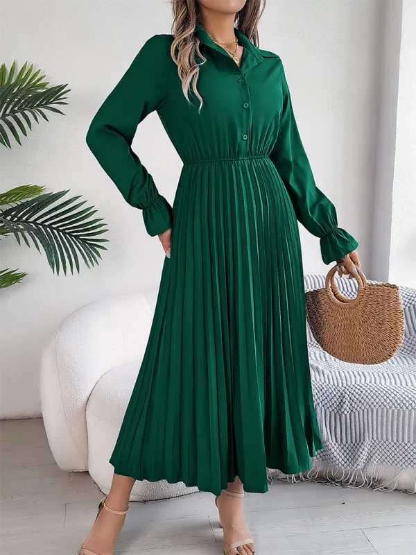 Lapel Collar Maxi Dress with Pleated Skirt and Button-Down Front