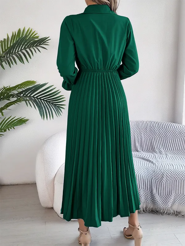Lapel Collar Maxi Dress with Pleated Skirt and Button-Down Front