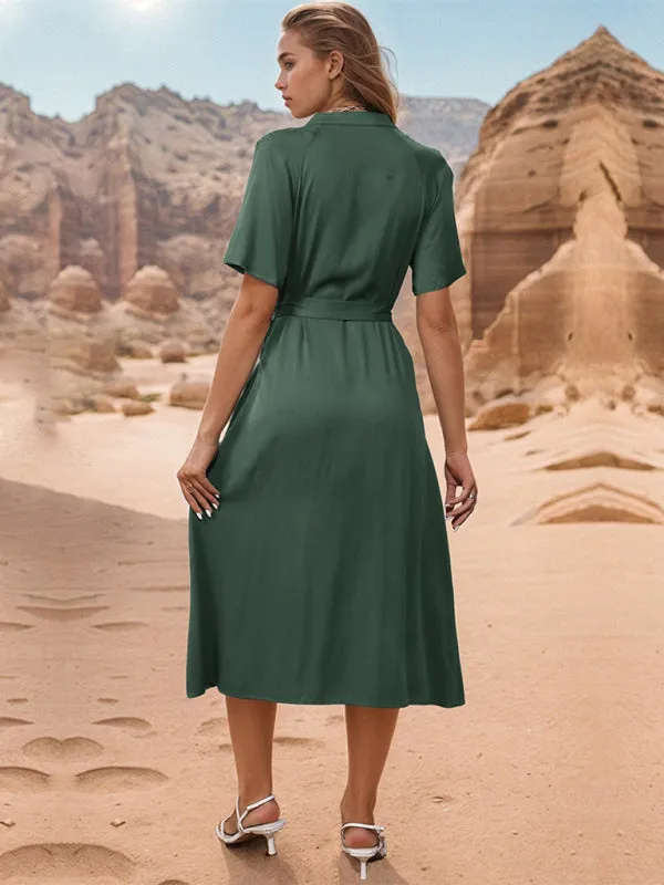 Lapel Collar Midi Dress with Belted Waist and Button-Down Front