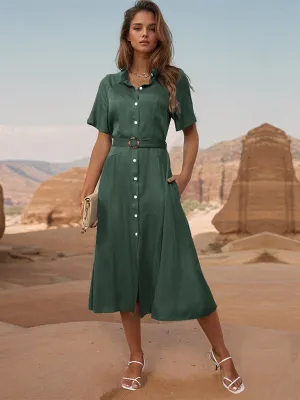 Lapel Collar Midi Dress with Belted Waist and Button-Down Front