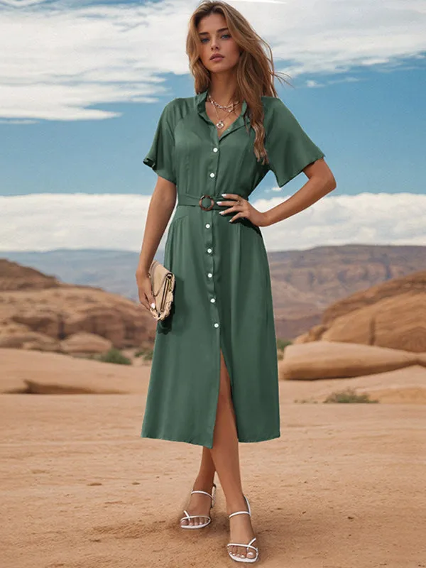 Lapel Collar Midi Dress with Belted Waist and Button-Down Front