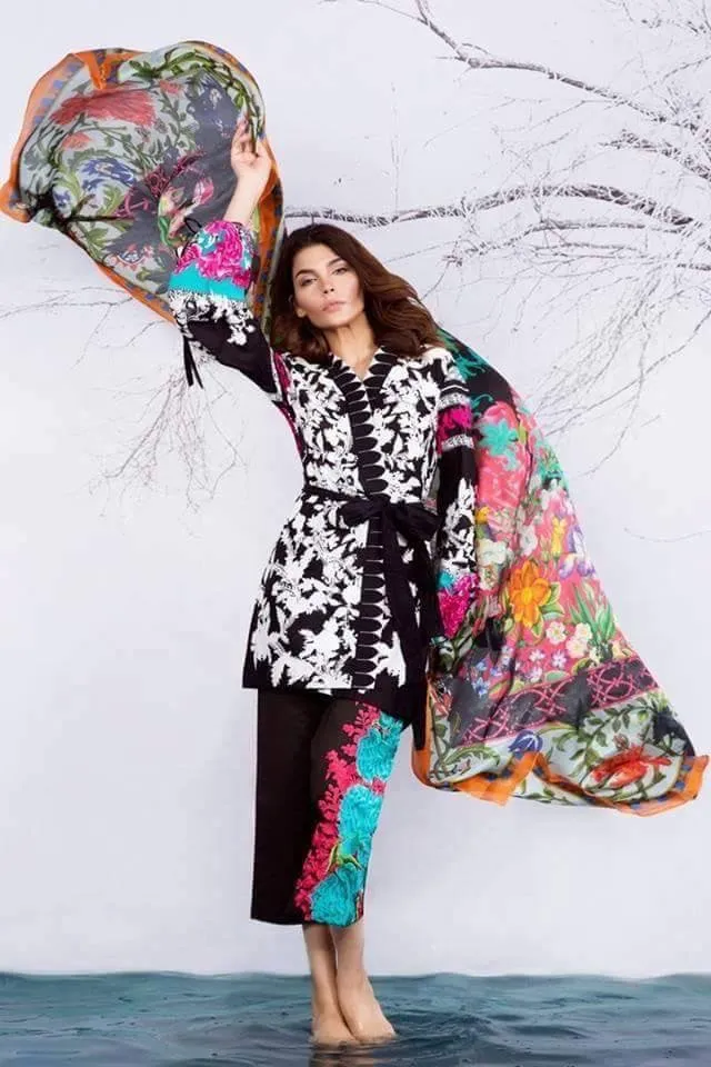 Lawn dress by sana safinaz in black and white Model # Eid 217