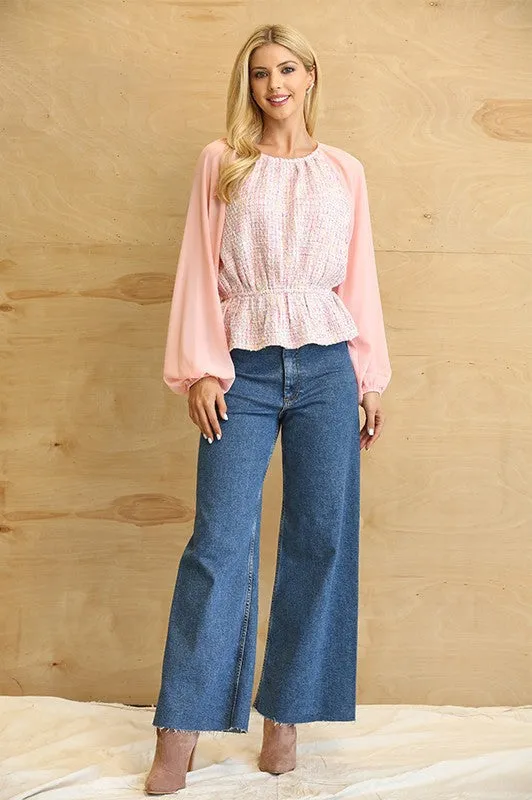 Light Rose Tweed and Chiffon Mixed Peplum Top