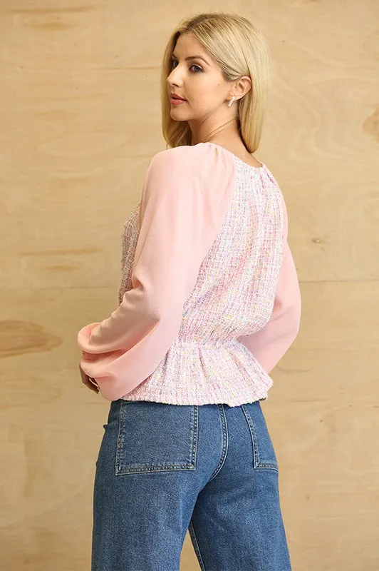 Light Rose Tweed and Chiffon Mixed Peplum Top