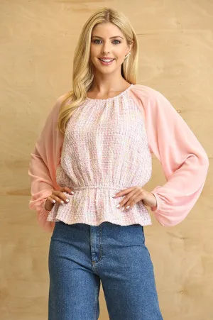 Light Rose Tweed and Chiffon Mixed Peplum Top