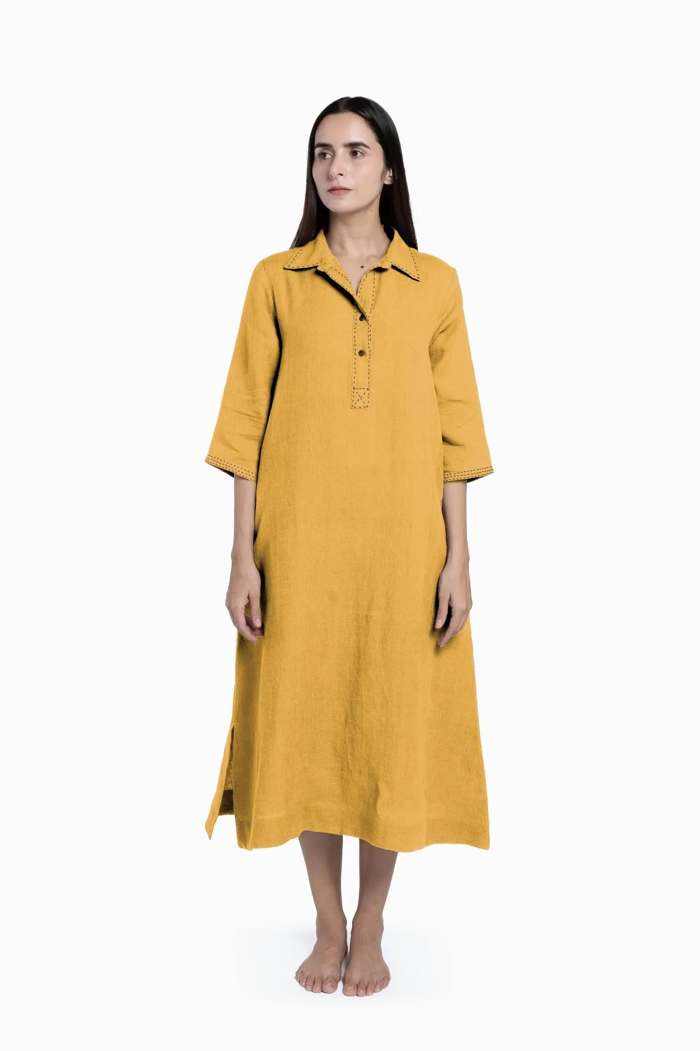 Linen Petunia Shirt Dress-Sunburnt Yellow