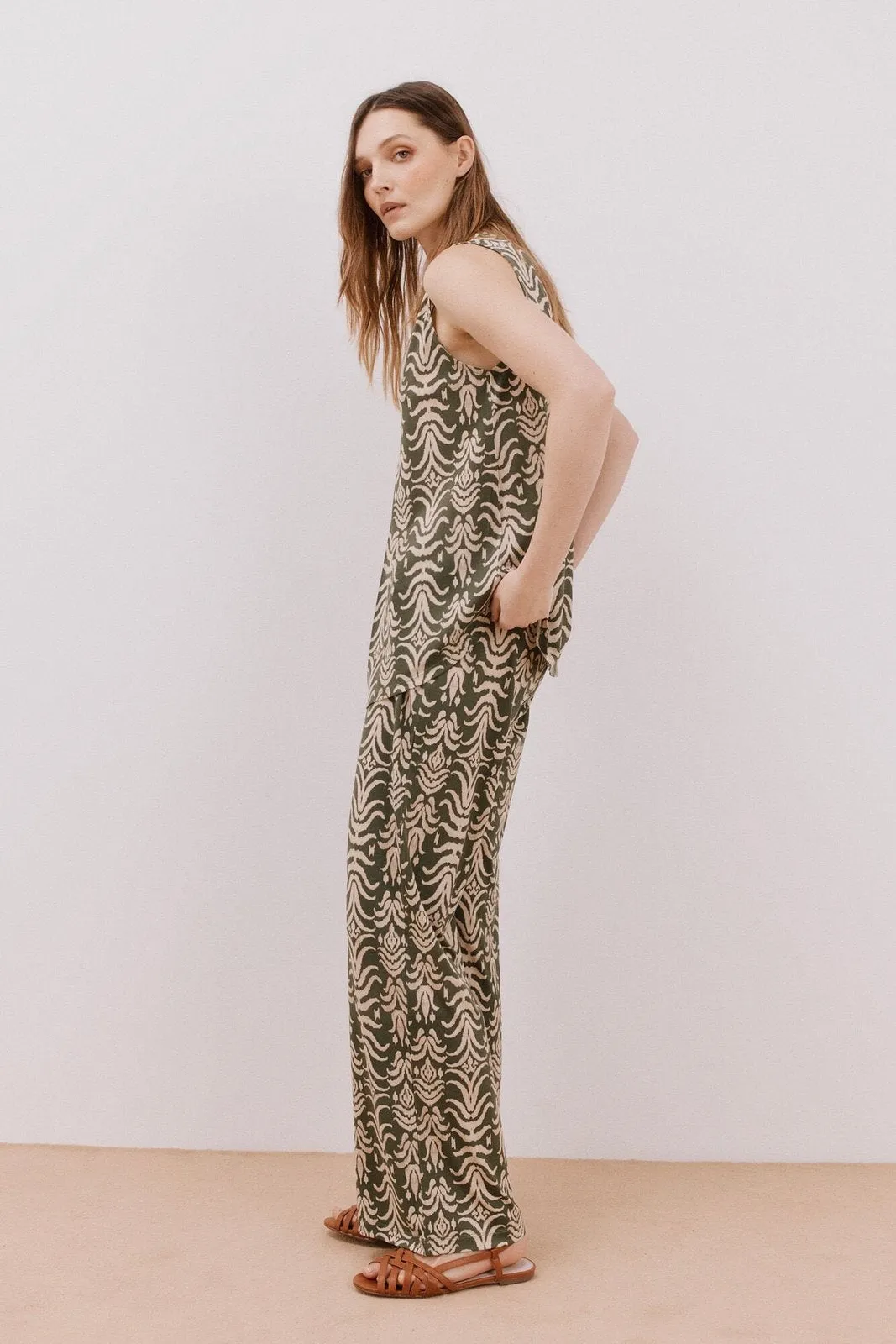 Long Pleated Top - Green Print