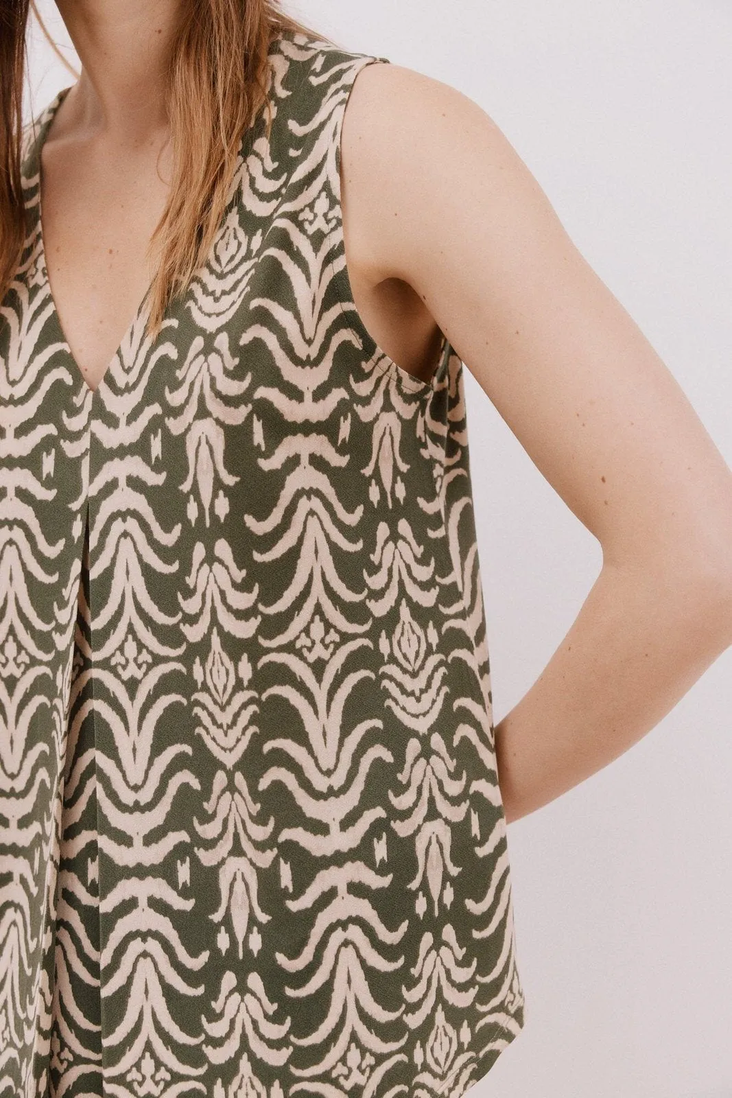 Long Pleated Top - Green Print