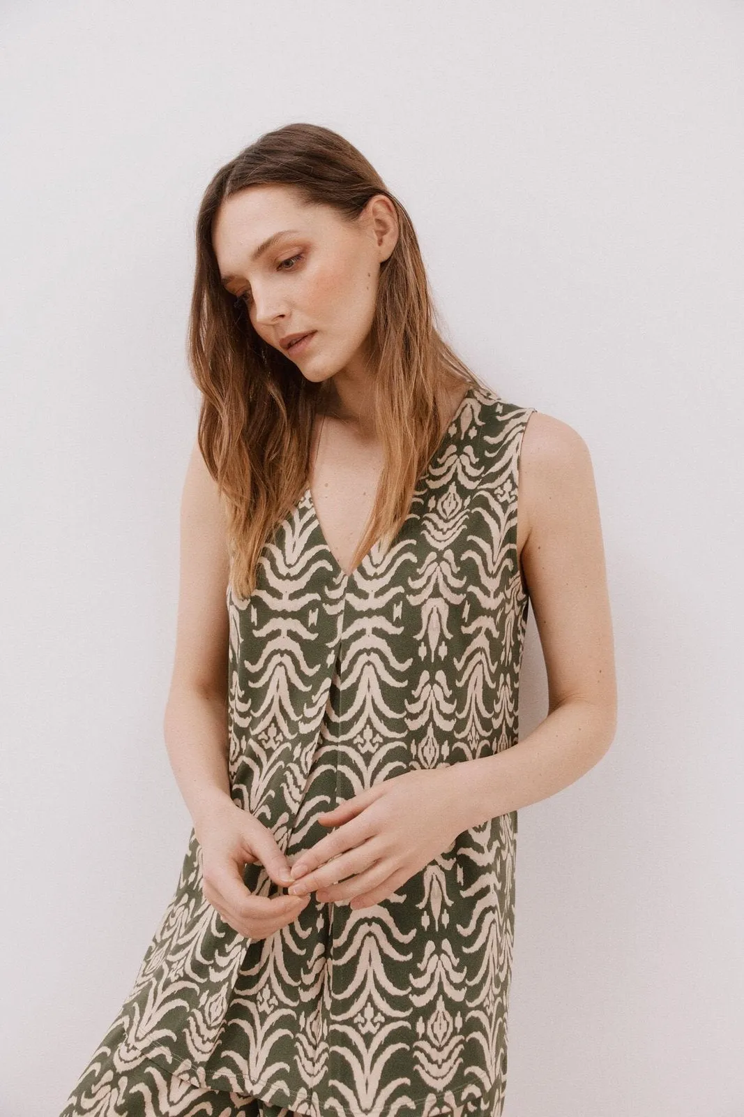 Long Pleated Top - Green Print