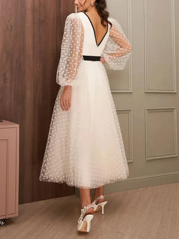 Long Puff Sleeve Midi Prom Dresses Polka Dots Ivory Black Evening Party Dress Tea- Length Formal Wedding Prom Gowns