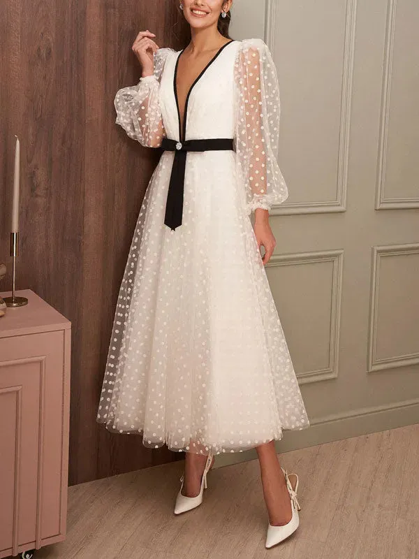 Long Puff Sleeve Midi Prom Dresses Polka Dots Ivory Black Evening Party Dress Tea- Length Formal Wedding Prom Gowns