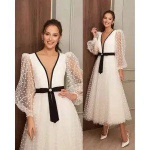 Long Puff Sleeve Midi Prom Dresses Polka Dots Ivory Black Evening Party Dress Tea- Length Formal Wedding Prom Gowns