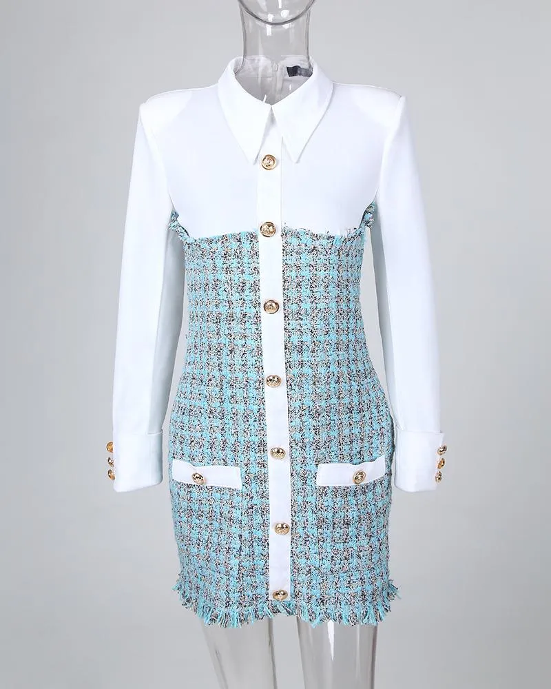 Long Sleeve Buttoned Tweed Bodycon Dress