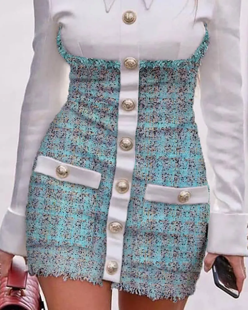 Long Sleeve Buttoned Tweed Bodycon Dress