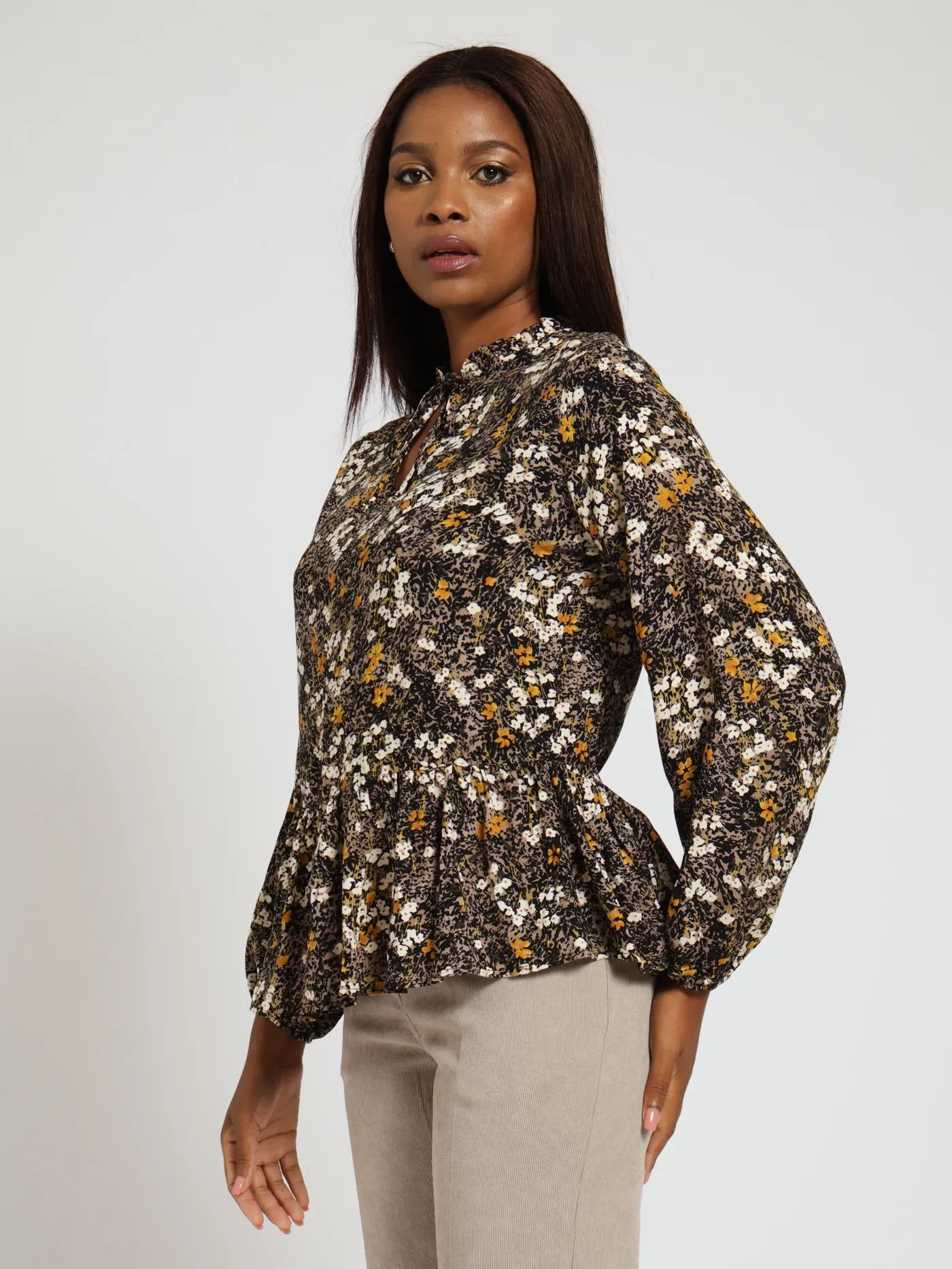 Long Sleeve Frill Neck Peplum Boho Blouse With Tie - Floral