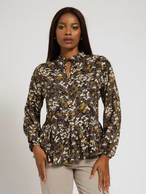 Long Sleeve Frill Neck Peplum Boho Blouse With Tie - Floral