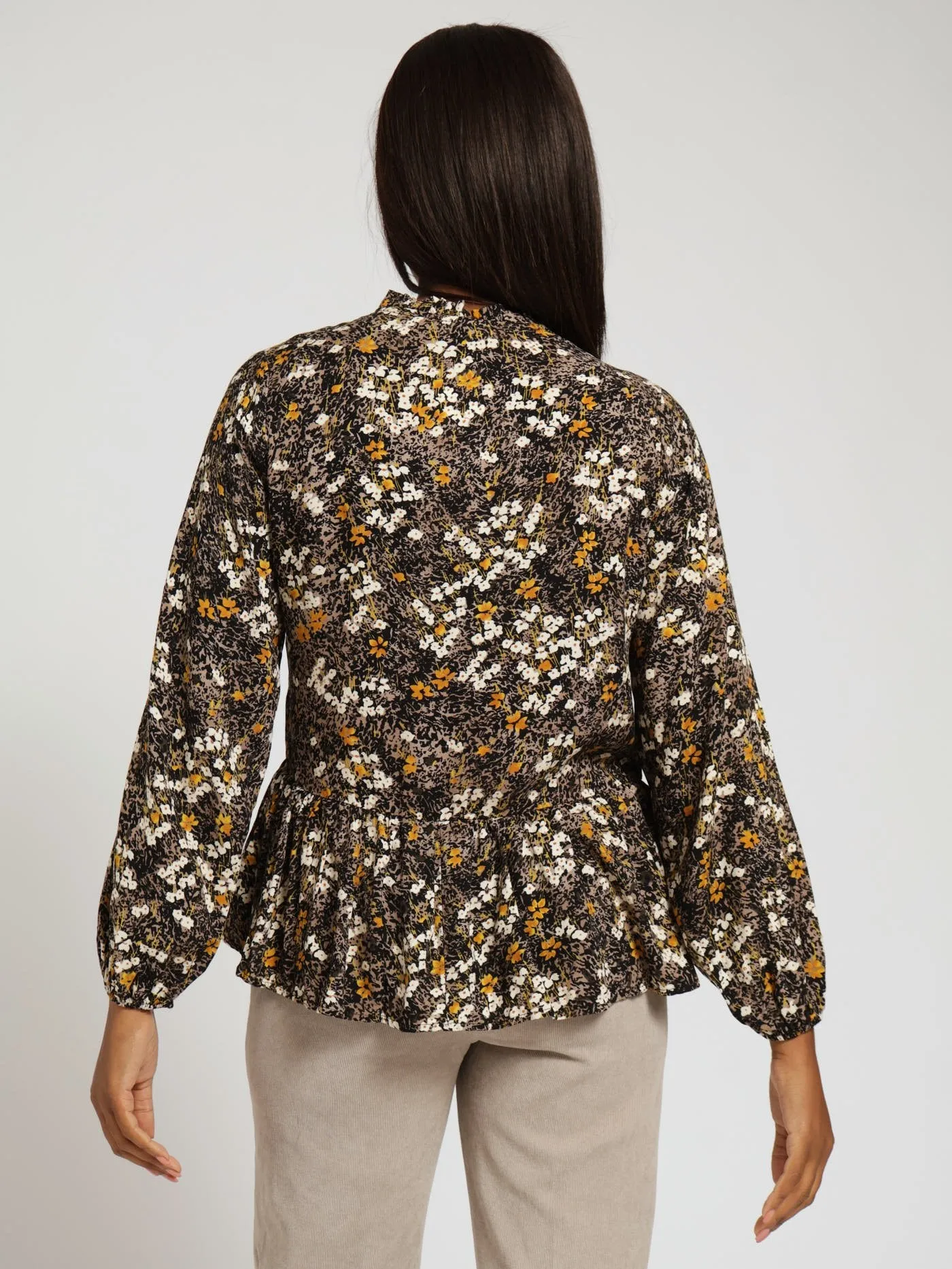 Long Sleeve Frill Neck Peplum Boho Blouse With Tie - Floral