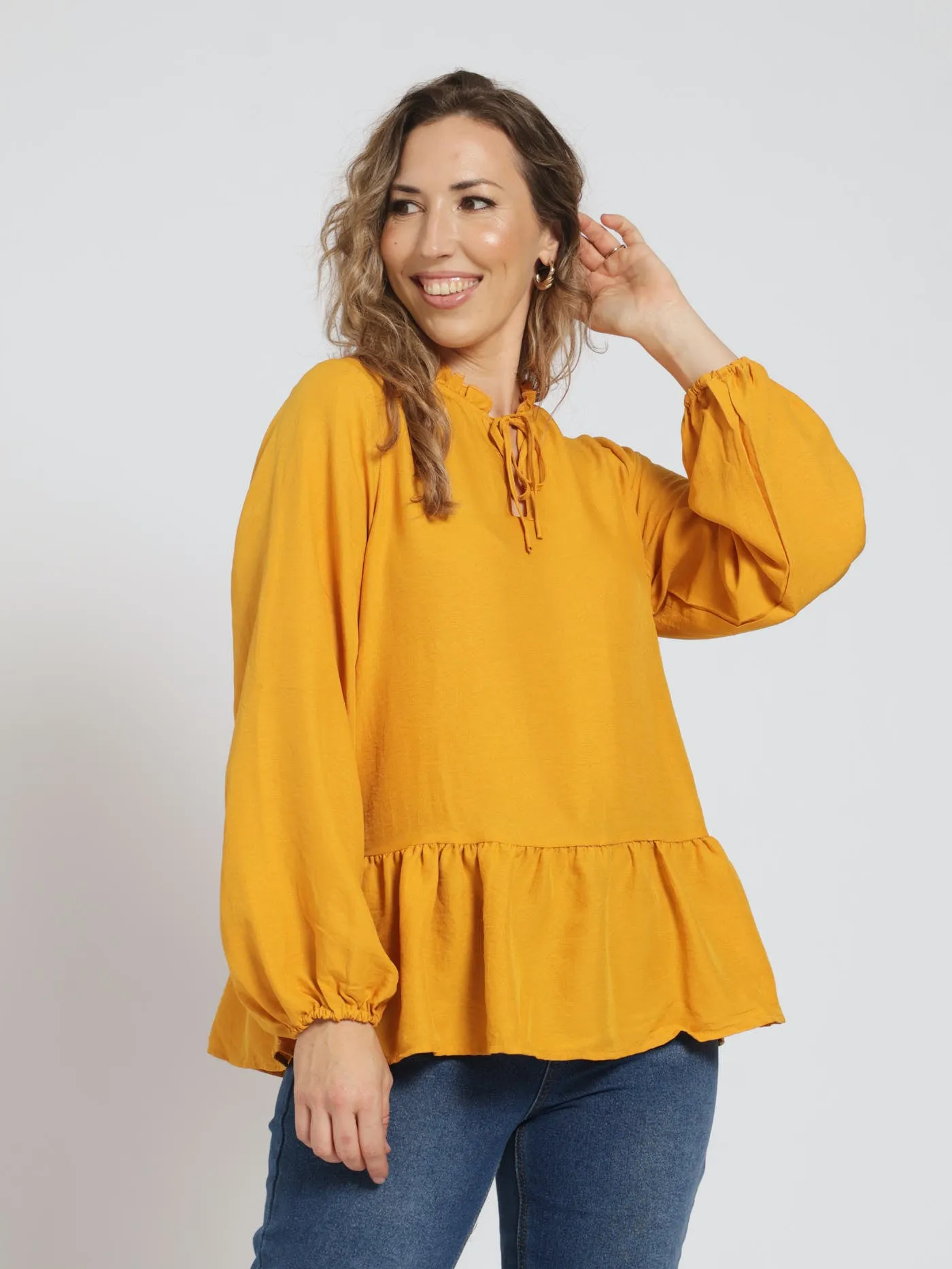 Long Sleeve Frill Neck Peplum Boho Blouse With Tie - Ochre