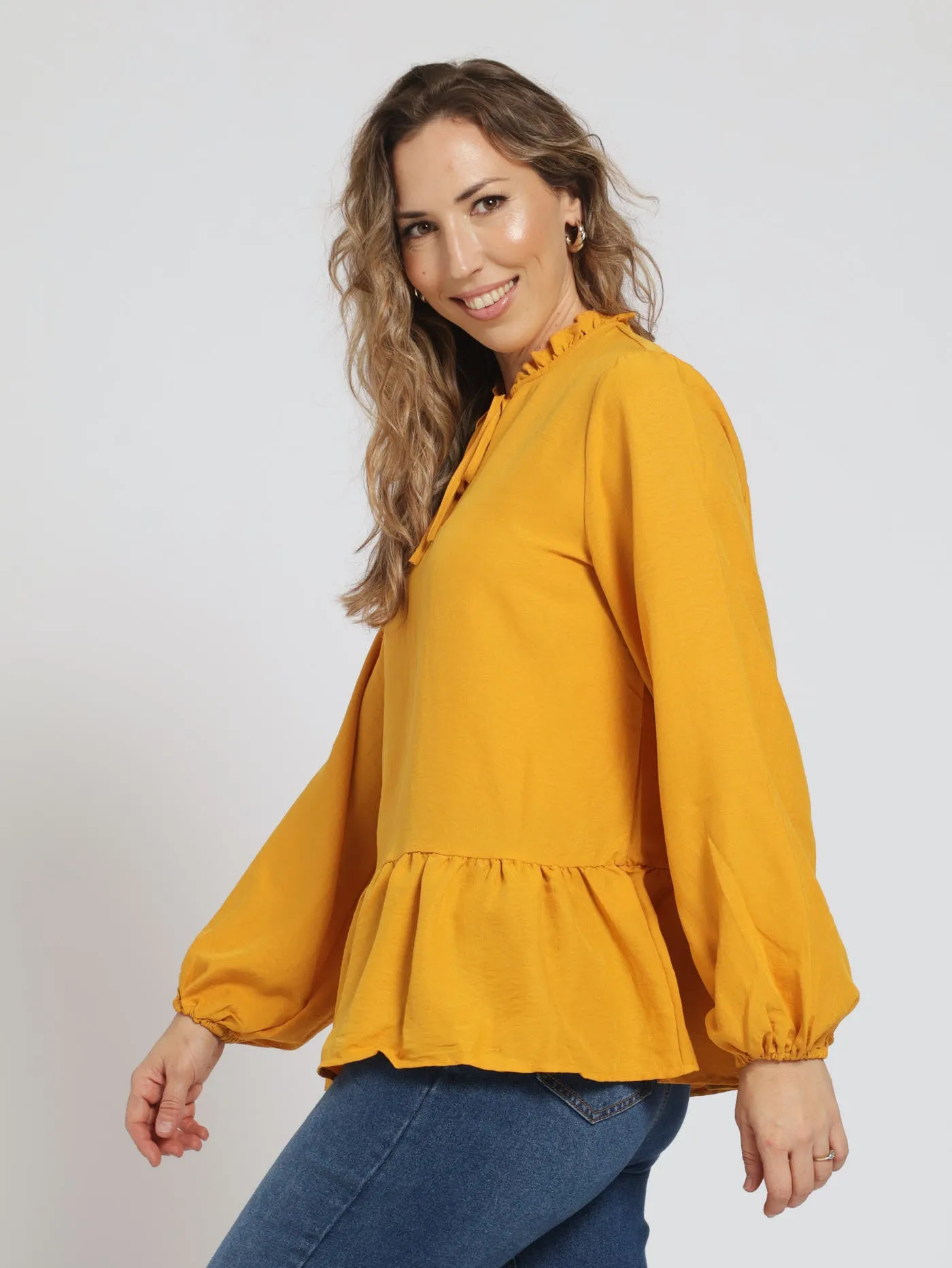 Long Sleeve Frill Neck Peplum Boho Blouse With Tie - Ochre